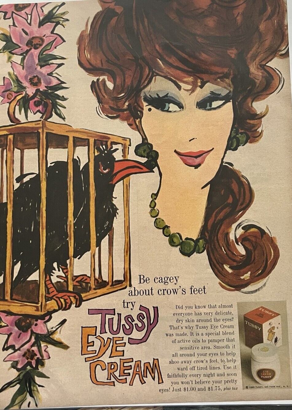 1960's Vintage Fashion Tussy Eye Cream Print Ad Crows Feet Bird Retro Beauty